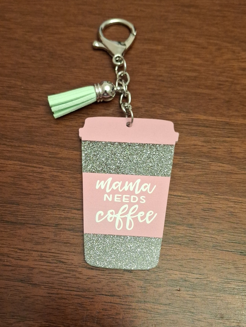 Mama Needs Coffee Pink Glitter Travel Cup Keychain Purse Charm New w Tassell